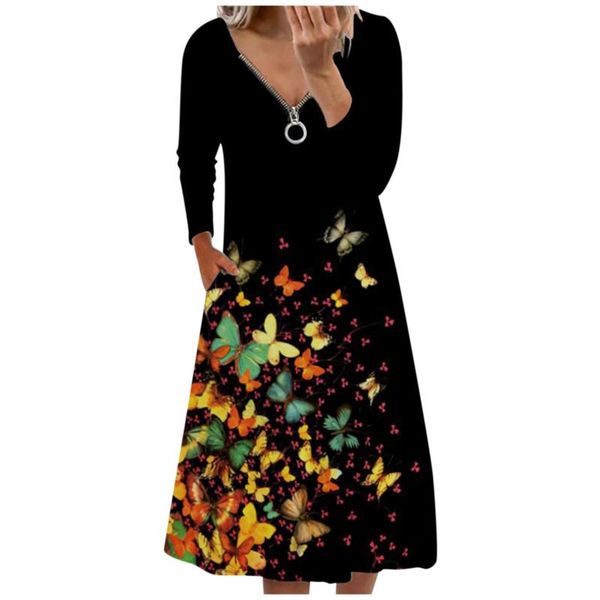 

casual dresses women's v-neck long sleeve strap open back zipper dress fashion loose office plus size, Black;gray