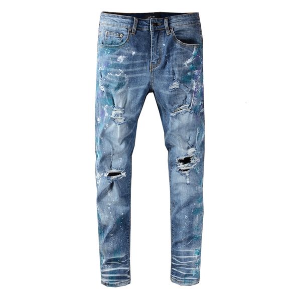 

2021 new men's male summer street fashion brand tie-dye ripped jeans trendy stretch slim fit trousers denim pants u1aw, Blue