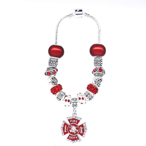 

charm bracelets double nose metal alloy crystal big hole beads red cross department fire dept fd badge for wife husband souvenir gifts, Golden;silver