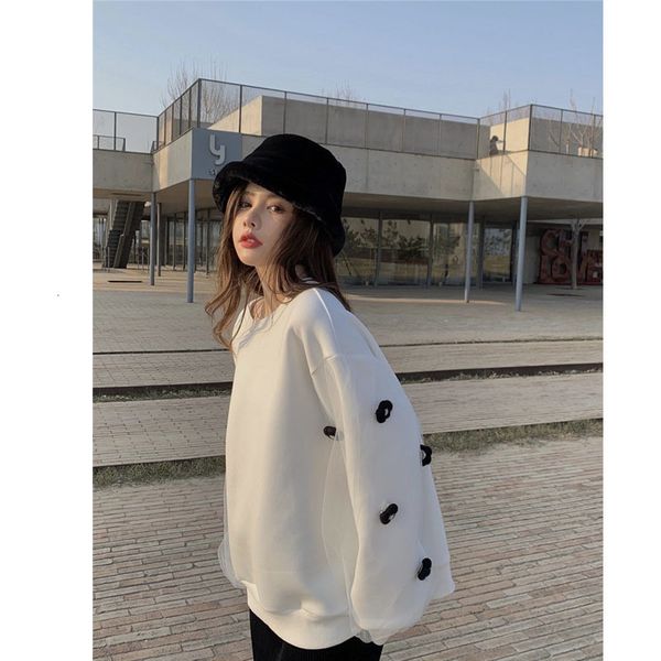 

simple white autumn hoodies o-neck long cotton jerseys korean cuts loose women's casual pullovers tcog, Black