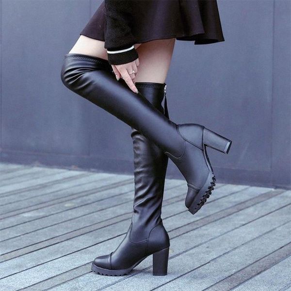 

women autumn over the knee boots woman pu leather zipper womens high heels botas female platform ladies fashion shoes, Black