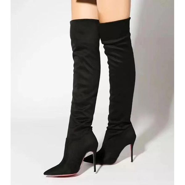 

boots knockout2021 10cm 34-45 high heels 12cm big size stilettos elegant fabric women winter over knee, Black