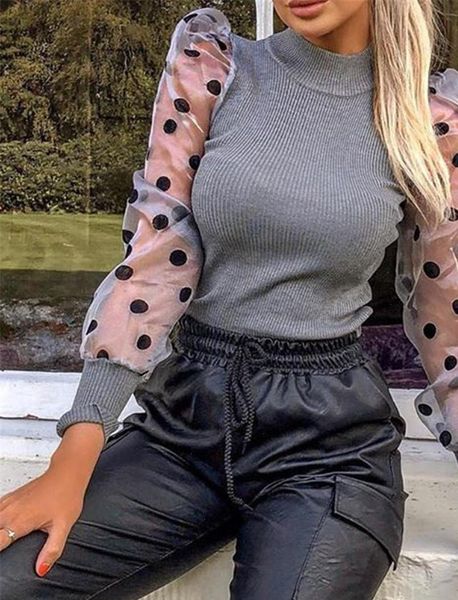 

women spring mesh puff long sleeve ribbed knitted shirt loose casual polka dots blouse elegant turtleneck party clubwear, White