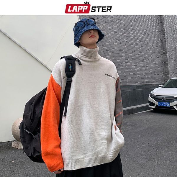 

men's sweaters lappster men patchwork harajuku turtleneck sweater 2021 man oversized streetwear knitted male korean fashion ullovers, White;black