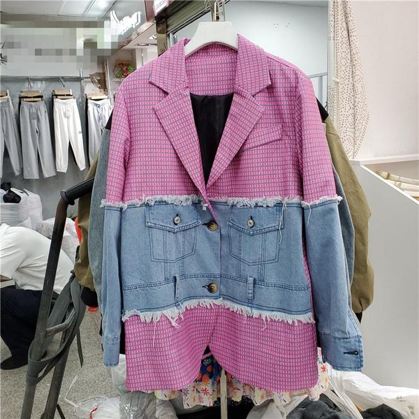 

women's suits & blazers seebeautiful contrast color plaid denim splced loose blazer coat notched long sleeve button women autumn 2021 f, White;black
