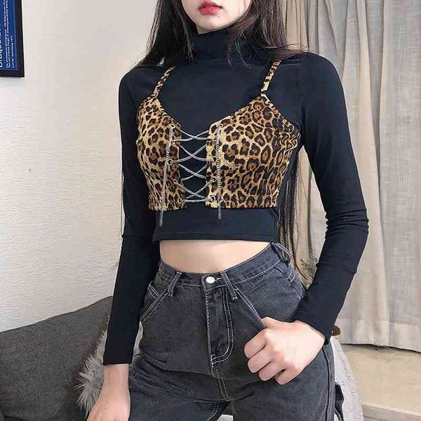 

t shirt women fake two piece long sleeve leopard print slim crop autumn spring t shirt tee, White