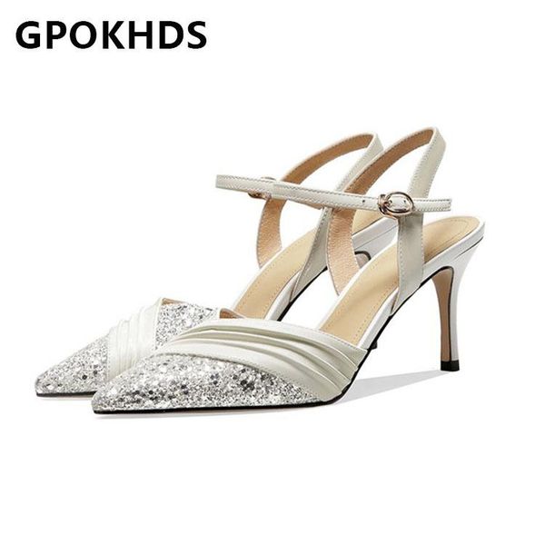 

gpokhds 2021 women sandals soft cow leather autumn spring black color buckle strap bling bling pointed toe high heels sandals