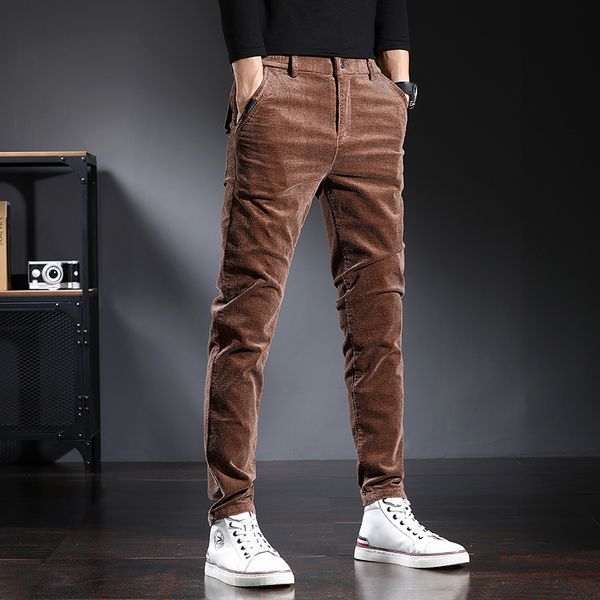 

2021 new autumn newly designer fashion men jeans slim fit casual corduroy pencil pants streetwear korean style elastic long trousers m0pm, Blue