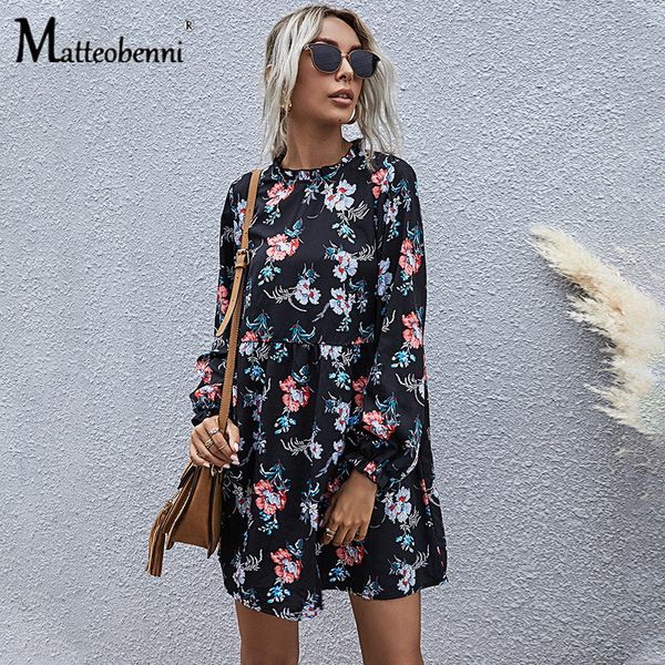 

2021 new spring autumn fashion women floral elegant casual mini vintage a-line sleeve o-neck party slim ladies 1ic2, Black;gray