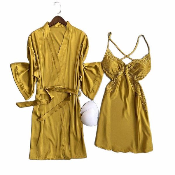 

women's sleepwear v-neck home dress set satin lace ladies casual 2-piece bathrobe pajamas, Black;red