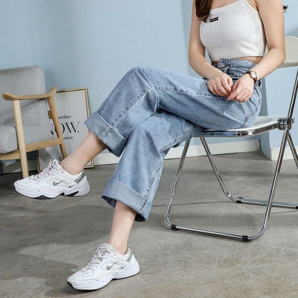 

summer thin tube loose nine point high waist daddy pants, Blue