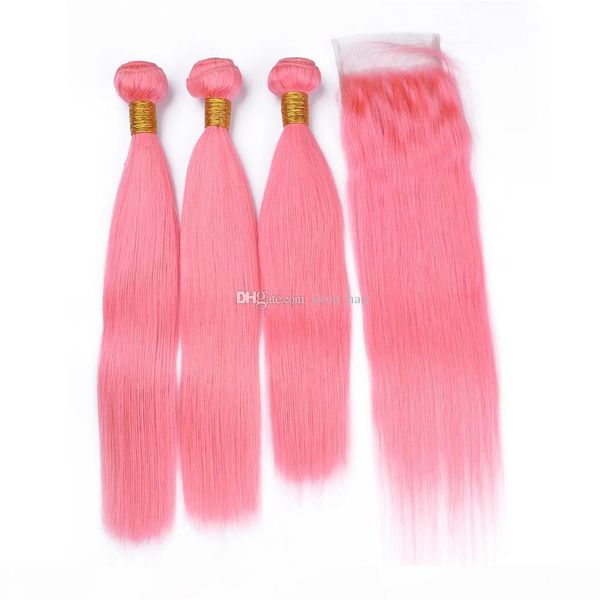 

popular pink color silky straight hair weaves with closure 9a virgin pink hair 3bundles with closure pieces 4pcs lot, Black;brown