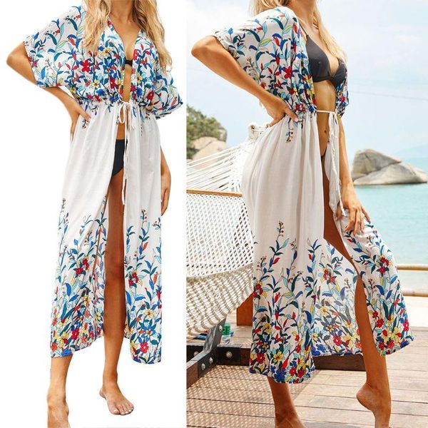 

women's swimwear women short sleeve maxi long bikini cover up bohemain floral printed loose kimono cardigan open front sunscreen beach, White;black