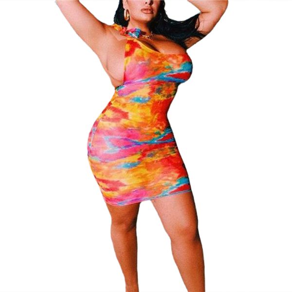 

womens one shoulder color tie dye mini dress tied up club party cocktail shoulder skinny dress soft and breathable, Red;black