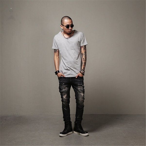 

2021 new europe street stretch biker denim men black worn out big size v9na, Blue