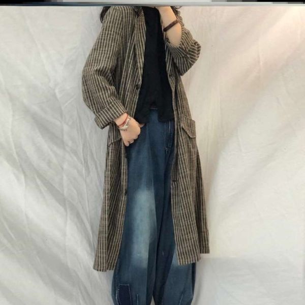 

fashion women's cotton autumn plain korean linen popular stripe suit collar coat loose size medium length windbreaker fashion luxury, Tan;black