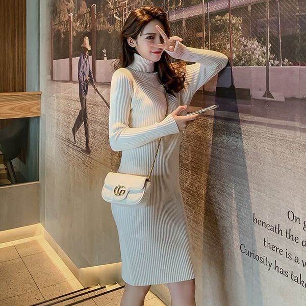 

2021 new women's autumn winter solid slim long sleeve knee length ladies casual elastic turtleneck knitted es for female 0nwz, Black;gray