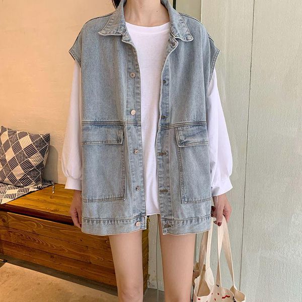 

women's vests vest female 2021 fashion wild cowboy coat loose harajuku style sleeveless jacket top, Black;white