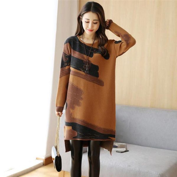 

casual dresses elegant for women autumn winter harajuku printed midi dress ladies long sleeve round neck streetwear tunic, Black;gray