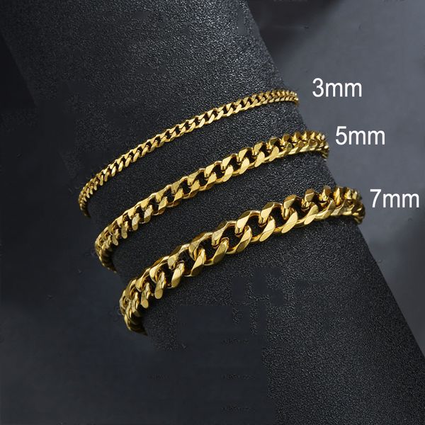 

new trendy cuban chain men bracelet classic stainless steel 3/5/7mm width hip hop link bracelets bangles for men women vintage jewelry gift, Black