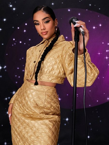 

argyle quilted gigot sleeve pu leather coat k2sm#, Black