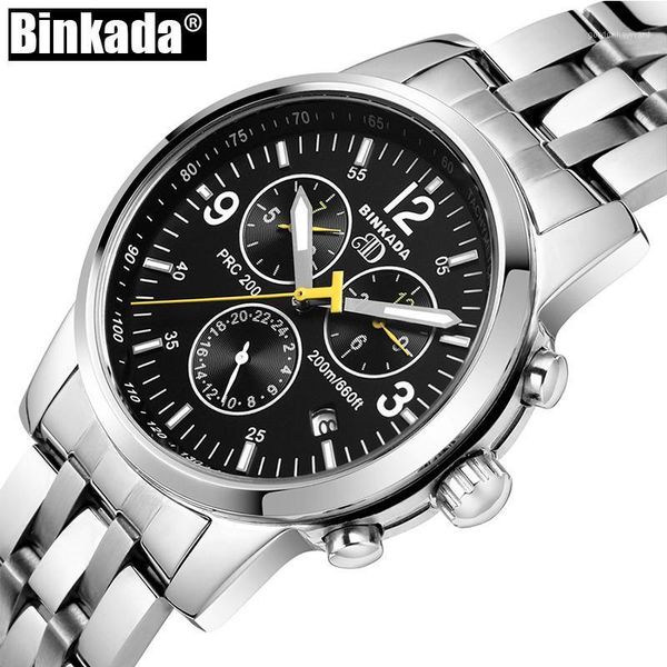 

casual mechanical binkada men's luxury watches automatic multifunction business date month full steel sport wrist watch wristwatches, Slivery;brown