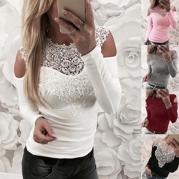 

lace t-shirt women off shoulder pink slim fit tees ladies o-neck spring autumn casual elegant t-shirts women clothing, White