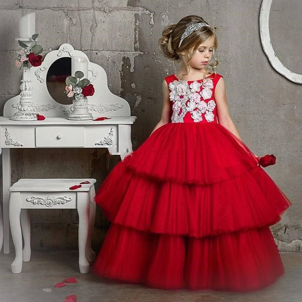 Fabelhafte rote Blumenmädchenkleider mit 3D-Applikationen für Boho-Hochzeitswettbewerbskleider, bodenlanges, gestuftes Kleid für Kinder zur Erstkommunion