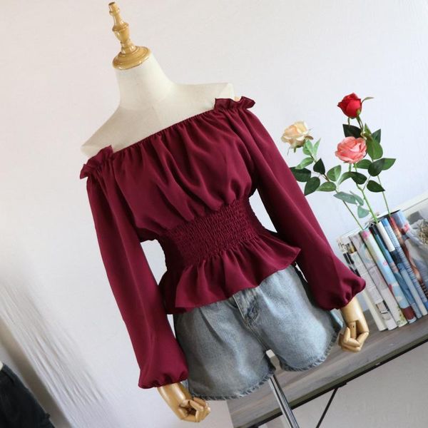 

chic solid chiffon shirt women harajuku ruffles long sleeve lantern blouse casual korean summer ladies slash neck zxf111 women's blouse, White