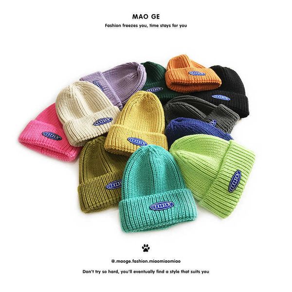 

m310 autumn and winter korean version simple embroidery band label knitted letter cover fashion warm wool hat, Blue;gray