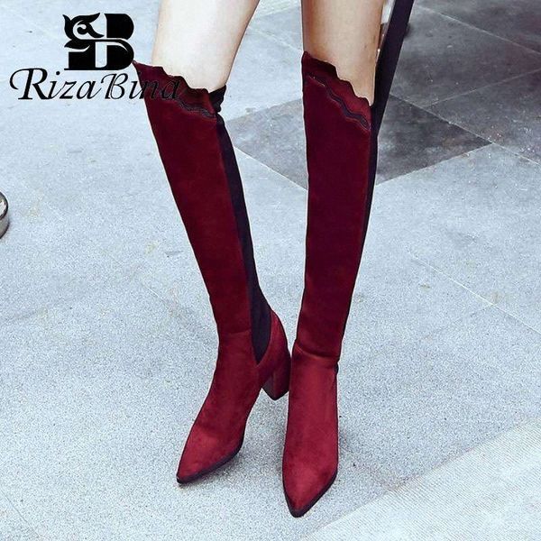 

rizabina pointed toe over the knee boots for women winter warm high heels stretch boots women footwear plus size 32 48 football b k8jo#, Black