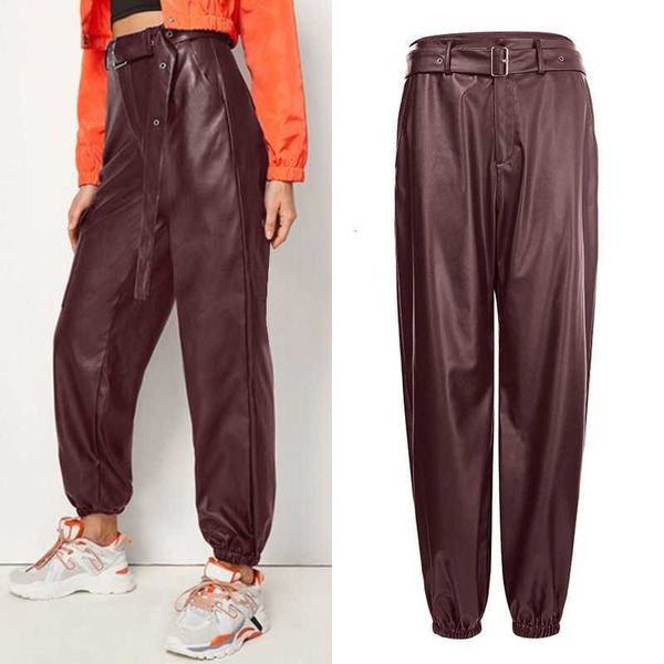 

women's pants & capris capris plus size overalls trousers stylish pu leahter casual belt high waist pantalon female solid t klag, Black;white