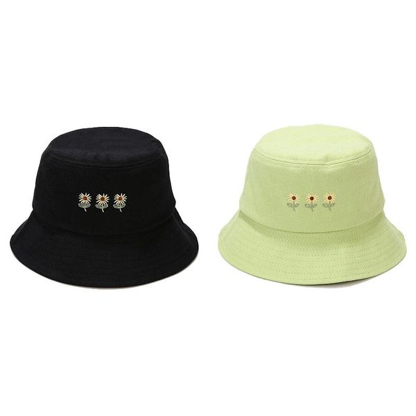 

wide brim hats three flower embroidered fisherman hat basin summer sun adjustable pure color cotton soft bucket breathable, Blue;gray