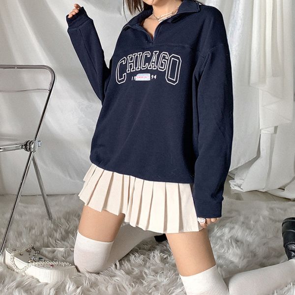 

new long blue sleeve dark card zip up collar sweatshirt vintage fashion oversized streetwear 52ea, Black