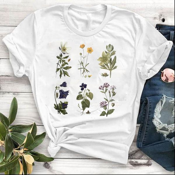 

women lady t shirt flowers plant printed tshirt ladies short sleeve loose tee shirt women female clothes graphic t shirt, White