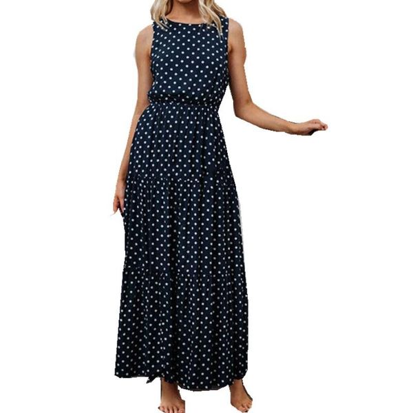 

casual dresses women sleeveless round neck polka dot print maxi dress, Black;gray