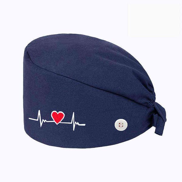 

heart-shaped embroidery nurse cap surgical cap pure cotton fashion multicolor work dust cap adjustable bandage headscarf y21111, Blue;gray