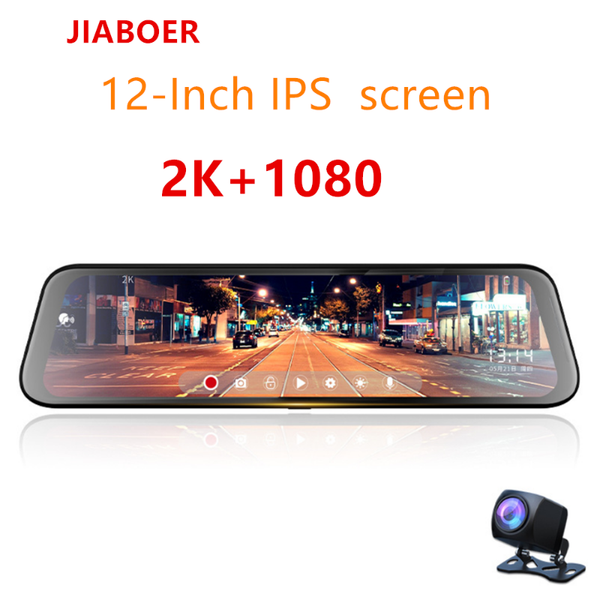 

12 inch car dvr stream media dash cam 1440p touch screen dual lens 2k video recorder rearview mirror backup camera registrator