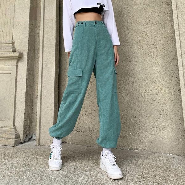 

women's pants & capris casual autumn green corduroy harem pocket vintage high waist long trousers ladies fashion korean skinny joggers, Black;white