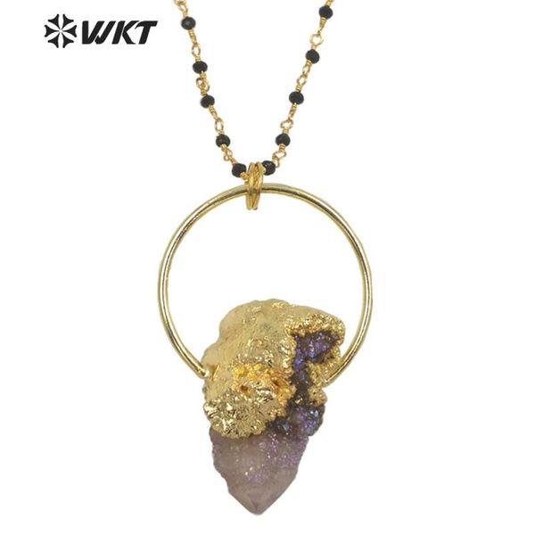 

wt-n1278 amazing natural raw cactus spirit quartz stone necklace with black rosary beads chain fashion gold aura stone necklace, Golden;silver