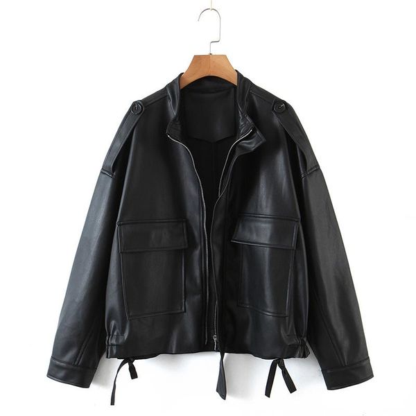 

women's leather & faux large locomotive clothes stand collar drawstring loose pu jacket 2021 fashion casual coat, Black