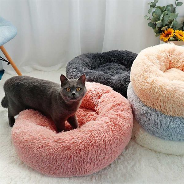 Long Plush Cat Cama Casa Soft Round Inverno Pet Dog Almofada Mats para Cães Pequenos S Nest Cachorrinho Quente Kennel 50/60 / 70cm 211006