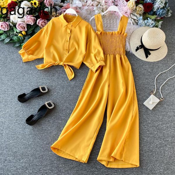 

two piece dress gagarich trend suit women spring lapel full short slim fit empire wide leg overall jumpsuit femme casual solid 2 set, White