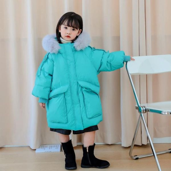 

down coat winter older children fashion real fur collar hooded warm outerwear 90% white duck jacket for girls a824, Blue;gray