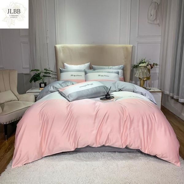 

bedding sets luxury satin silk cotton embroidery set pink white gray splicing duvet cover flat/fitted sheet pillowcases home textiles
