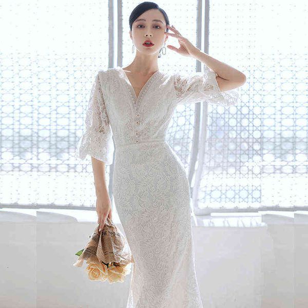 

luxury street style dresses french 2021 lace simple light wedding travel shooting out mh fishtail skirt small tailed woman, Black;pink