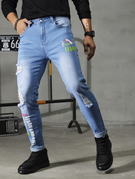

men letter graphic ripped washed jeans m2o8#, Blue