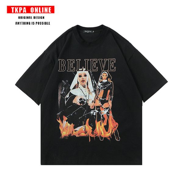 

tkpa high street hip hop rap flame print short sleeve t-shirt men's loose skateboard hiphop street half sleeve, White