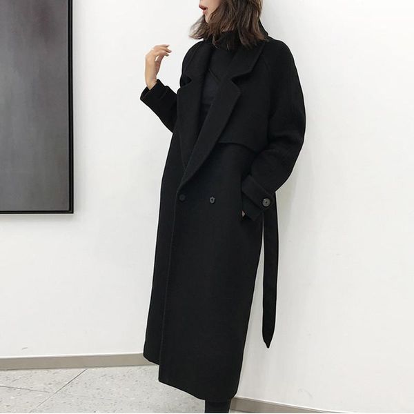 

yourseason 2021 winter spring new ladies woolen loose coat korean solid color women bandage long coats turn down collar, Black