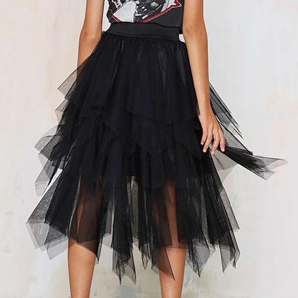 

skirts women irregular tulle fashion elastic high waist mesh tutu skirt pleated long midi saias faldas jupe femmle, Black